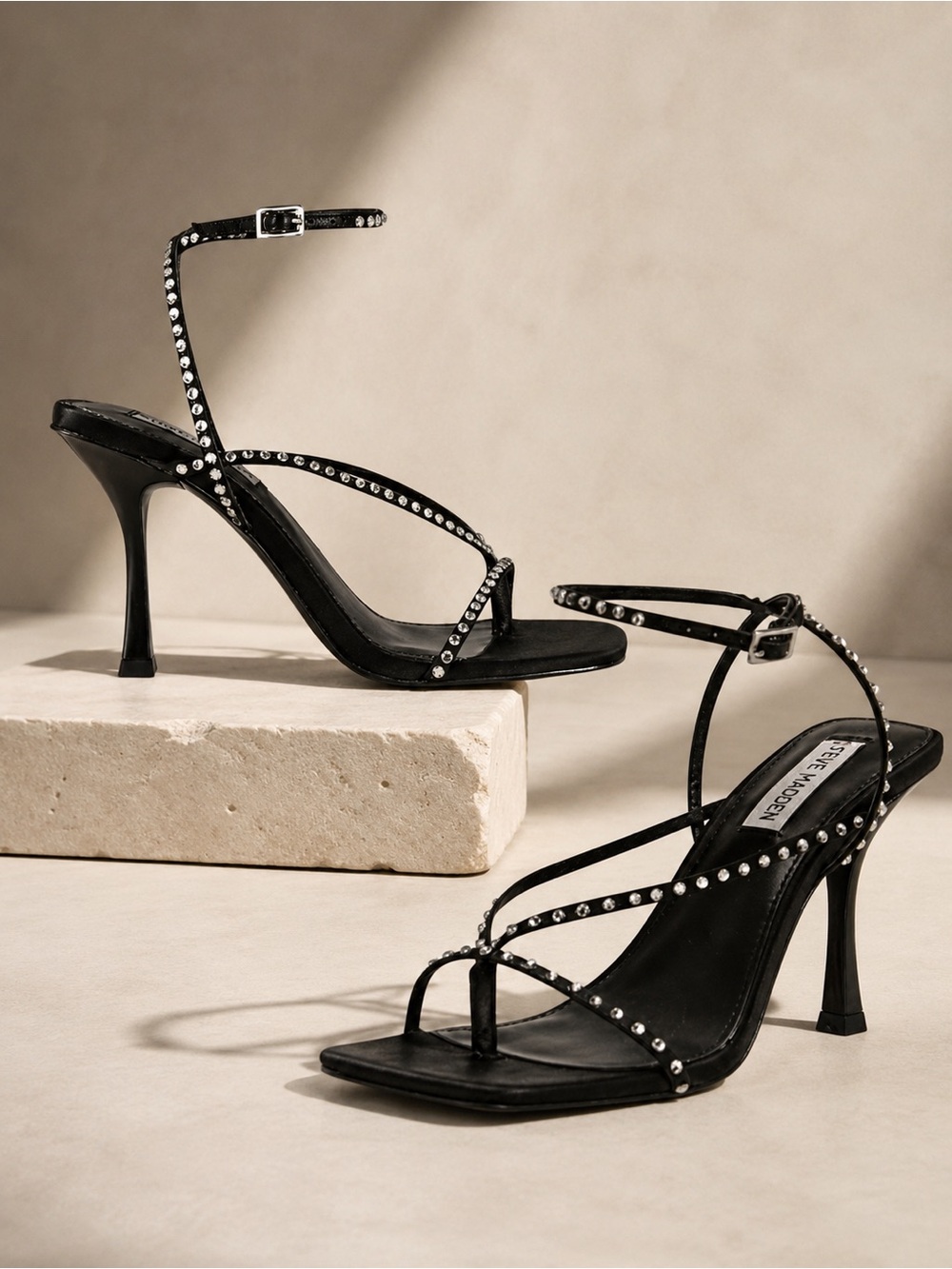 Steve Madden Black Rhinestone Strappy Stiletto Sandals